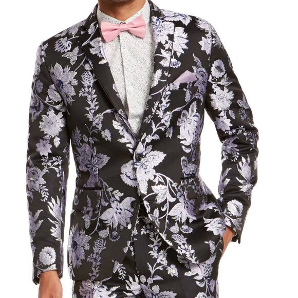 INC International Concepts Black Purple Silver Floral Party Suit Coat Blazer XL - Picture 1 of 16